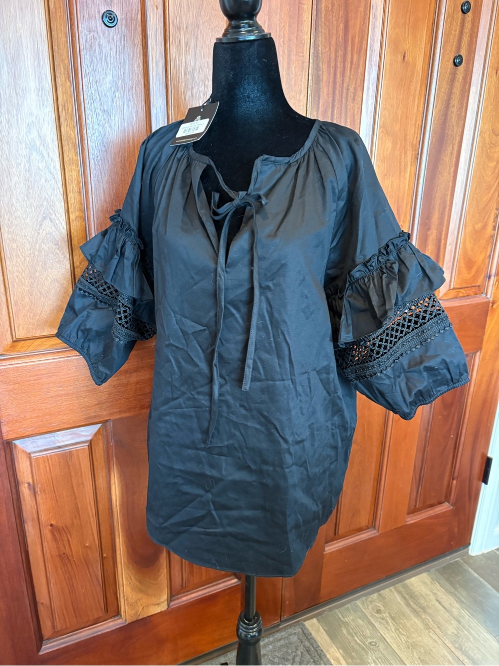 Patty Kim NWT $208 Claudette Black Blouse Ladder Lace Crochet Tiered Sleeves L